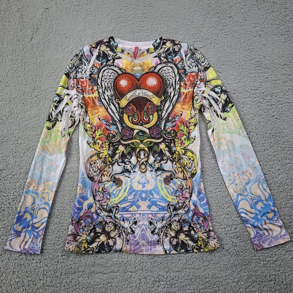 Y2K Winged Heart Tattoo Graphic Long-Sleeve Women's Top Size Large Rhinestone